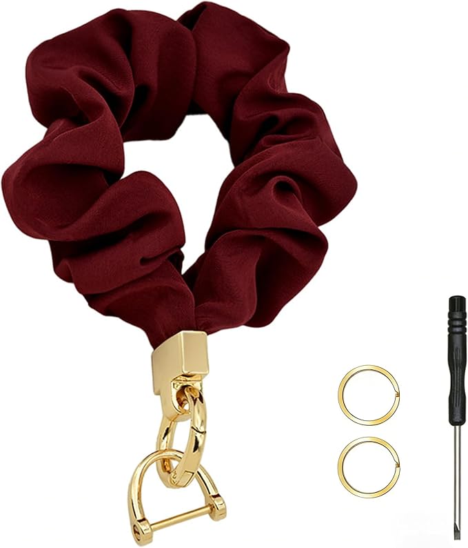 Scrunchie Wristlet Keychain for Women Men, Cute Stretchy Wrist KeyChain for Car Keys with 3 Keyrings and 1 D ring