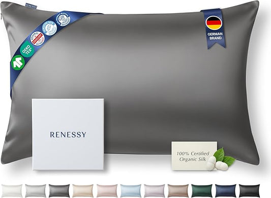 RENESSY Premium Silk Pillowcase 100% Organic Mulberry Silk, 22 Momme, Grade 6A - Oeko-Tex Certified in Germany - Luxury for Hair & Skin, 1 Piece (Queen Size 20x30 Inches, Graphite Grey)