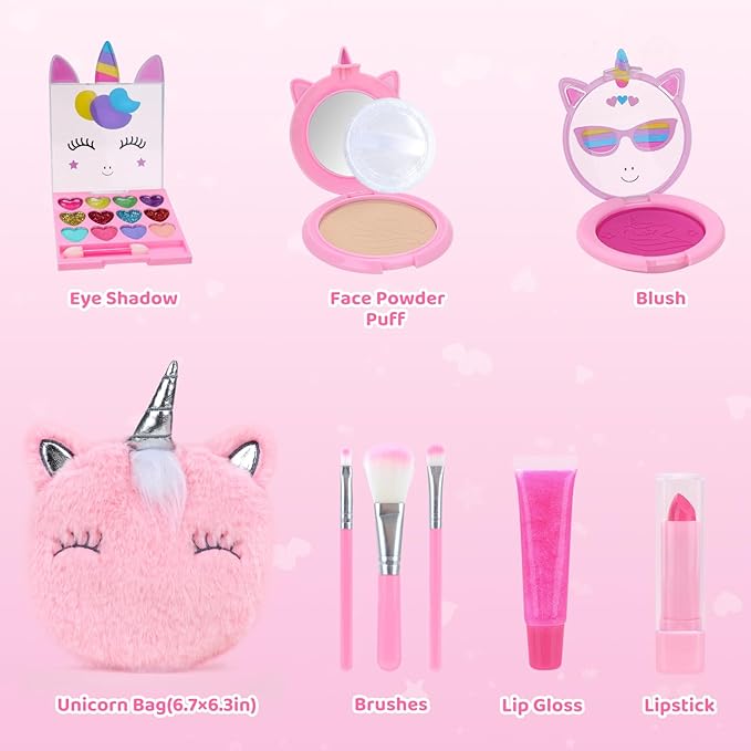 PERRYHOME Unicorn Cute Kids Makeup Set Washable Makeup Kit for Girl Gift with Mini Coin Purse - Real Cosmetic Non-Toxic Toddler Makeup Kit-Unicorn Toys for Girl - Birthday Unicorn Gift 3+（Pink）