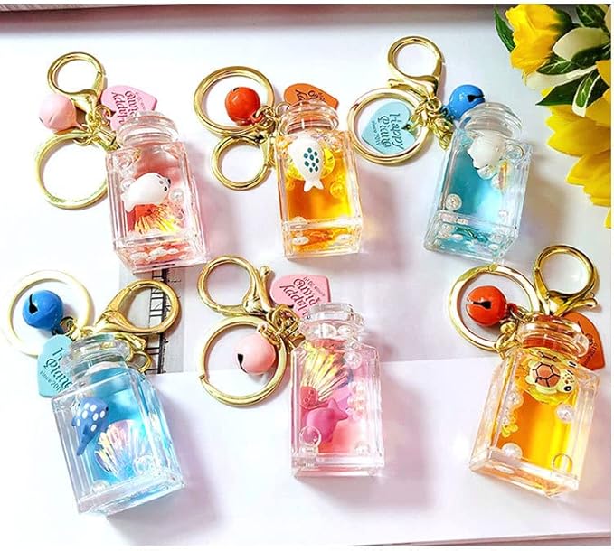 HSYHERE Men Women Creative Beautiful Floating Sea Animals Lucky Square Bottle Keychain Keyrings