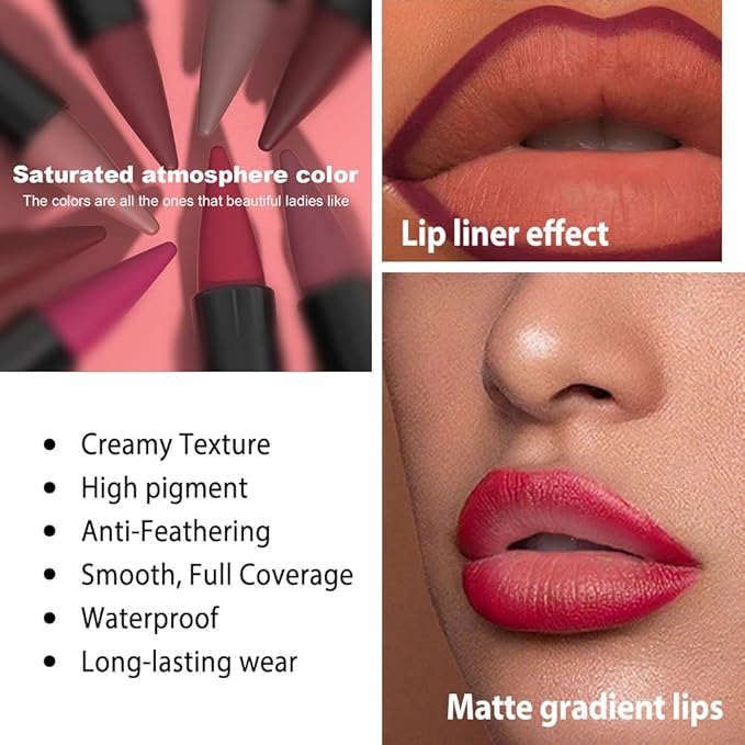 evpct Dark Red Gradient Matte Lipstick Lip Liner Combo Set for Older Women Long Lasting Waterproof, Red Dark Lips Stick Crayon Pencil Cream Lip Liner and Lipstick Combo Makeup, Flawless Ombre Effect