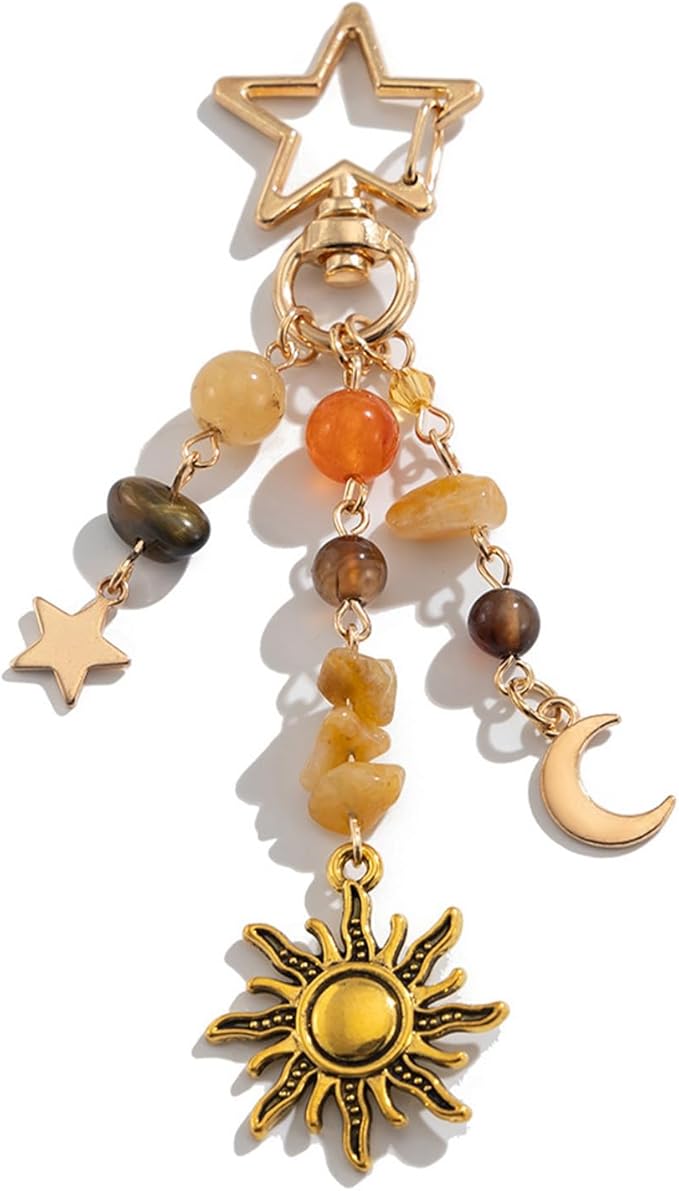 Y2K Boho Keychain Sun Moon Star Aesthetic Keychain Beaded Bag Charms for Handbags Purse Accessories for Women