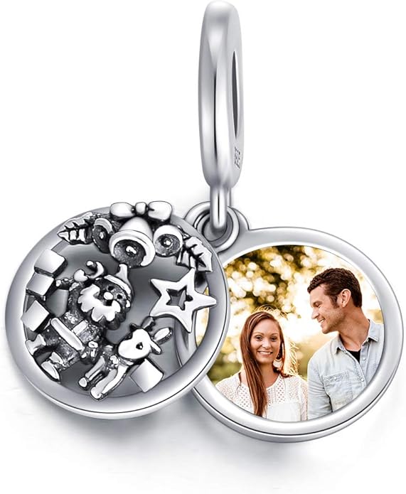 LONAGO 925 Sterling Silver Personalized Photo Charm Fit Compatible for Bracelet Necklace Customized Heart Round Shape Picture Bead