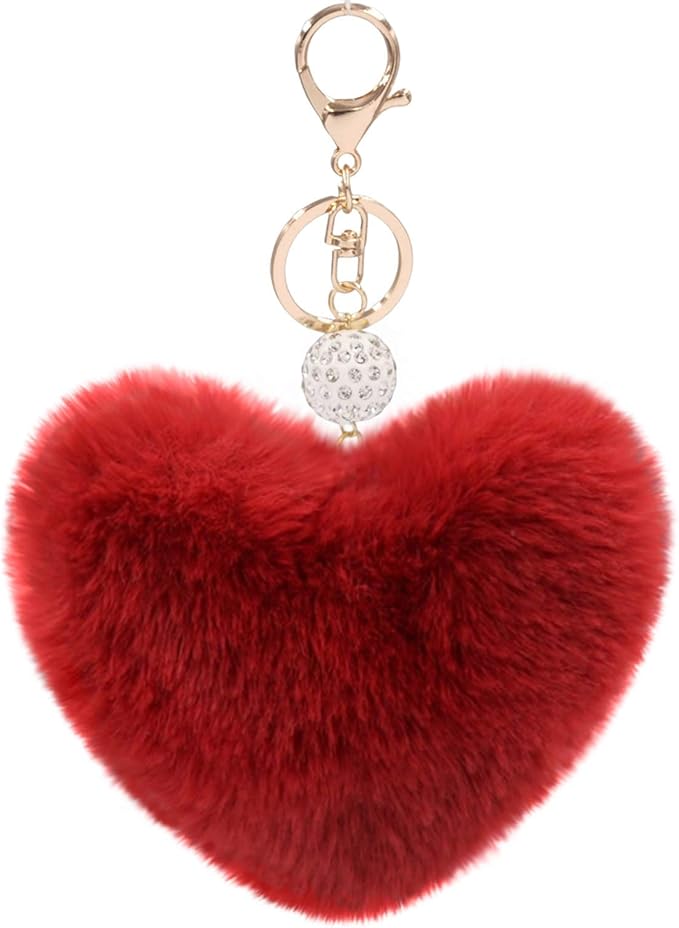 Women's Heart Faux Fur Pom Pom Key Chains Bag Accessory Puffball Keyring Backpack Charms for Girls