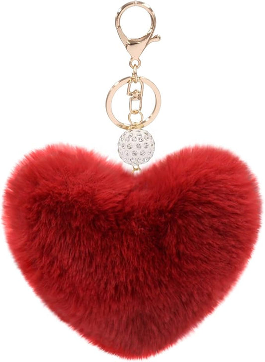 Women's Heart Faux Fur Pom Pom Key Chains Bag Accessory Puffball Keyring Backpack Charms for Girls