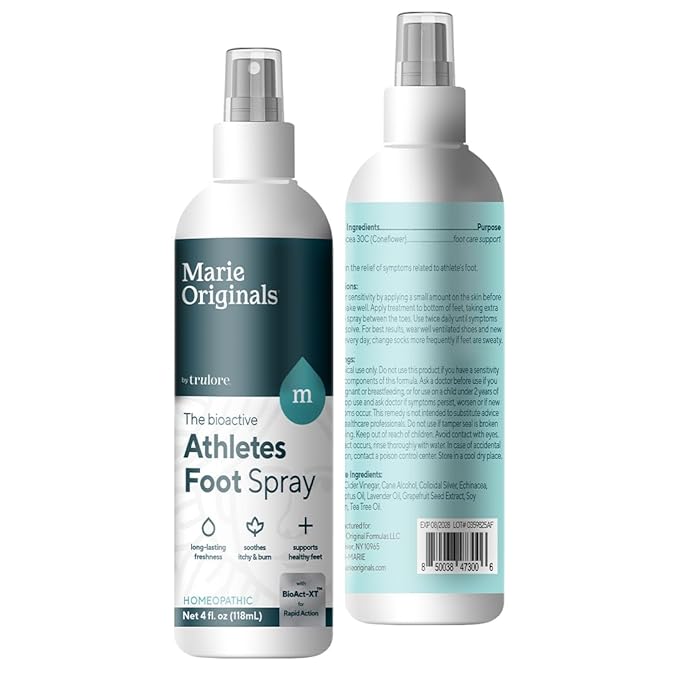 Marie Originals Homeopathic Athletes Foot Spray for Itchy Burning Skin Relief Natural Odor Control and Moisture Care Soothing Plant-Based Foot Comfort for Active Lifestyles and Daily Use 4 oz