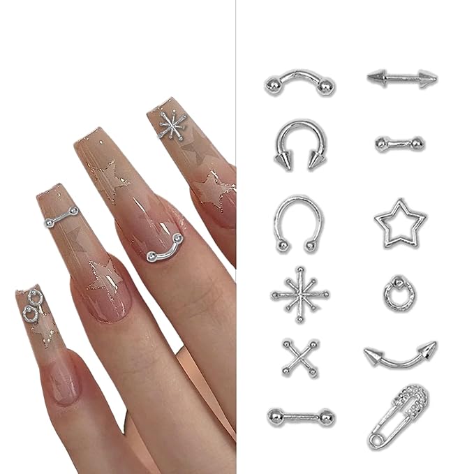 120 Pcs Mixed Nail Charms, CYHYII 1 Box Silver 3D Star Retro Nail Art Charm Y2K Metal Cross for Acrylic Nail Nail Art Design DIY Craft(12 Styles)
