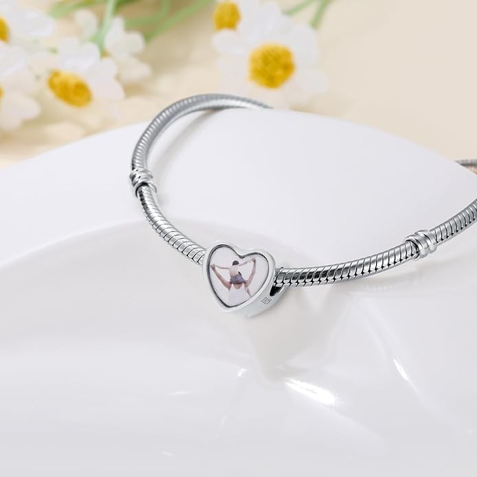 LONAGO 925 Sterling Silver Personalized Photo Charm Fit Compatible for Bracelet Necklace Customized Heart Round Shape Picture Bead