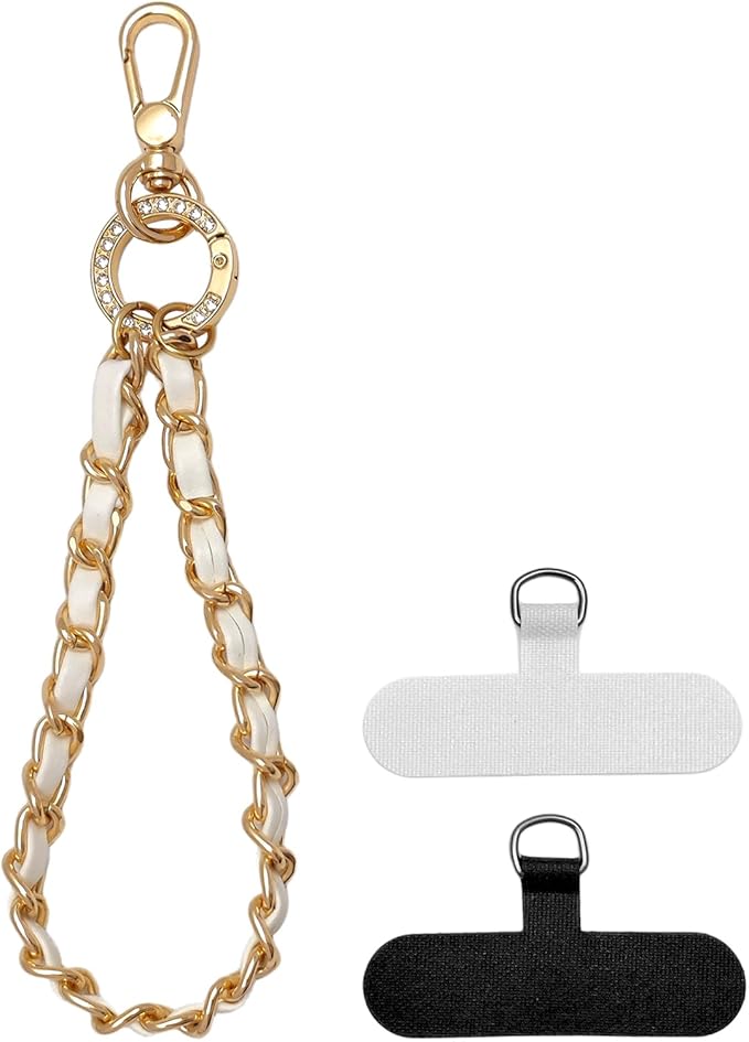 Phone Wrist Strap with Metal Chain Phone Lanyard Wrist with 2 Tether Tabs Metal Leather Cellphone Charm Phone Chain