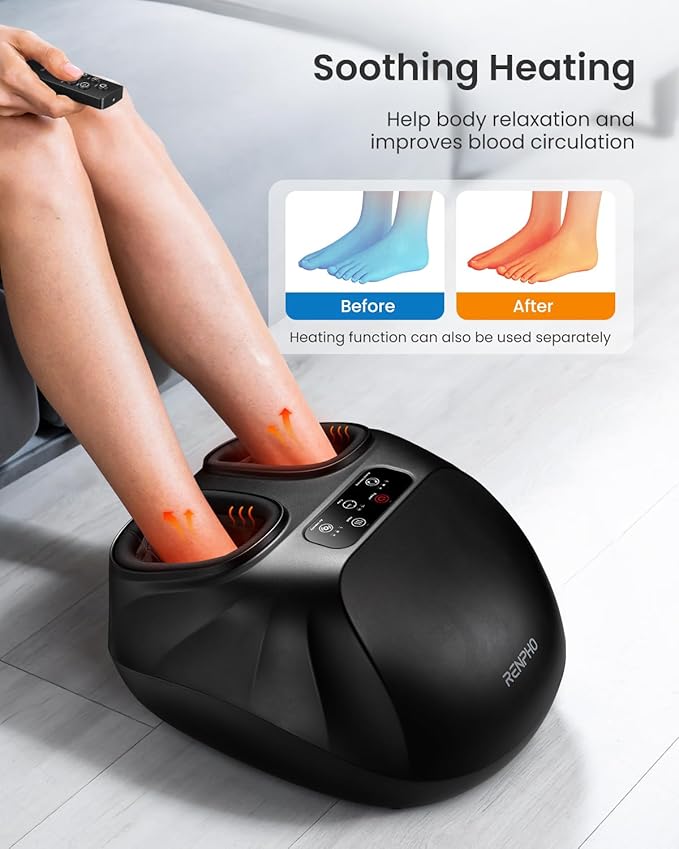 RENPHO Foot Massager Machine with Heat [2026 Upgraded], Shiatsu Foot Massager for Plantar Fasciitis, Cordless Control, FSA Eligible HSA Store Eligible, Up to Size 14, BK
