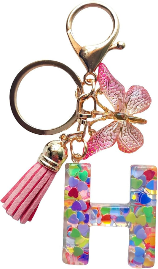 Cute Initial Letter Keychains for Women Girls Tassel Butterfly Pink Purple Green Keychain for Backpack School Bag