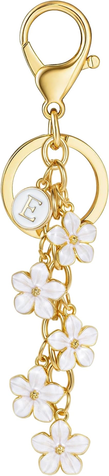 XGALBLA White Pink Black Cute Initial Letter Keychain for Women, Flower Bag Charms Enamel Keyring for Handbag Backpack