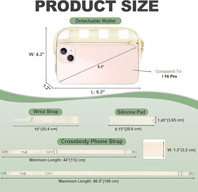 Clip and Go Strap for Phone with Wallet Crossbody, Adjustable Phone Lanyard with Detachable RFID Wristlet Wallet, Phone Strap with Phone Tabs for All Phones, Cream Checkered (M)