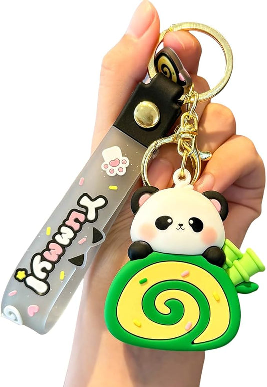 Girly Super Cute Lovely Pink Brown Swiss Roll Bread Cake Cat Kitty Panda Keychain Key Ring Bag Charm Pendant