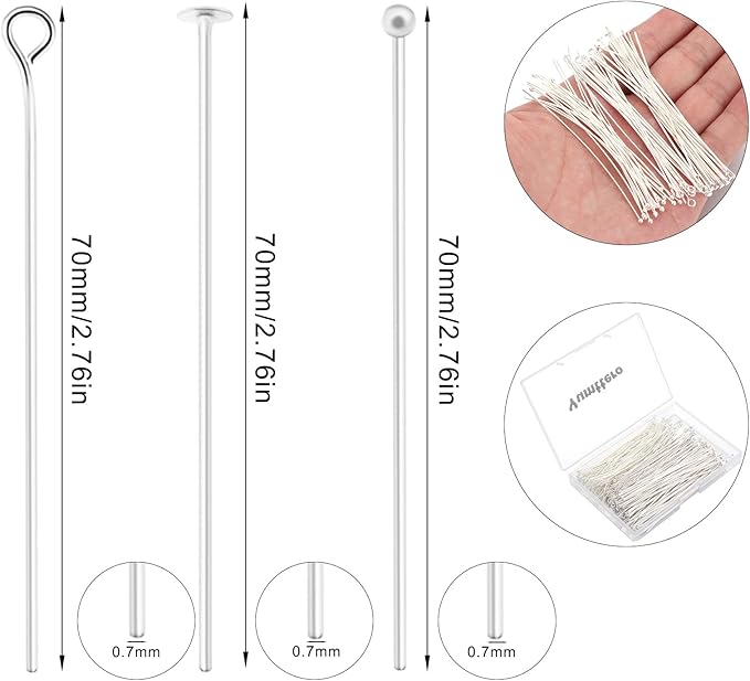 210 Pcs 70mm/2.76 Inch 21 Gauge Eye Pins Head Pins Ball Pins for Jewelry Making, Yumttero Straight Mixed Pin for Craft Earring Bracelet Necklace Pendant Jewelry Making (Mixed Pins,Sliver Color)