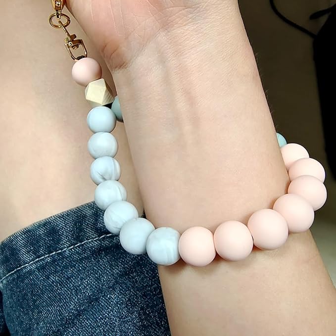 Marble Silicone Beaded Phone Wrist Strap, Cellphone Lanyard with Tether Tab, Elastic Hands-Free Wristlet Bracelet