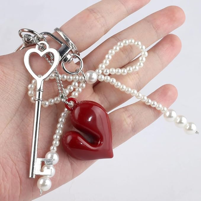 Cute Red Heart Pearl Bow Keychain Accessories, Decorative Pendant for Women's Keychain, Purse, Backpack, Handbags, Gifts