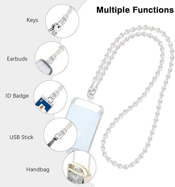 MoKo Universal Phone Lanyard, Pearl Beaded Cell Phone Chain Crossbody Strap Anti-Theft Detachable Women Cellphone Lanyards Around The Neck with Patches for iPhone, Most Smartphones, Ball Pearl