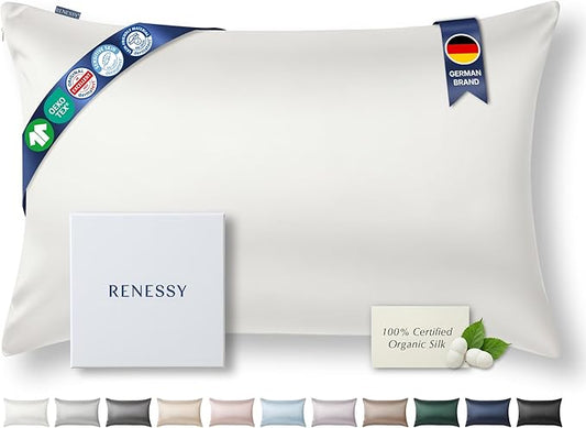RENESSY Premium Silk Pillowcase 100% Organic Mulberry Silk, 22 Momme, Grade 6A - Oeko-Tex Certified in Germany - Luxury for Hair & Skin, 1 Piece (King Size 20x36 Inches, White)