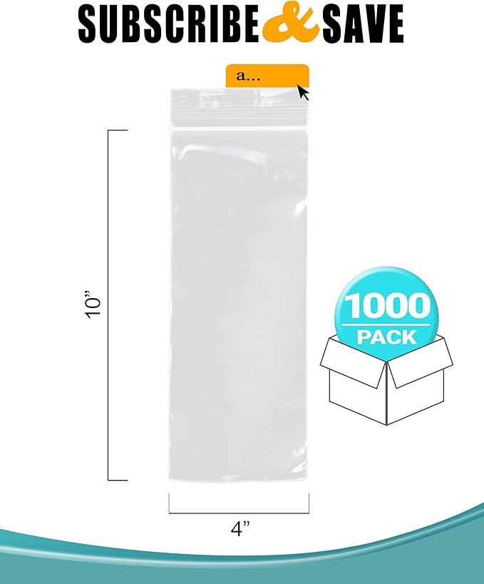 APQ Clear Plastic Reclosable Zipper Bags, 4 x 10 Inches. Pack of 1000 Reclosable Plastic Bags with Zipper Closure. 2 Mil Plastic Jewelry Bags. Waterproof Reclosable Zip Bags for Industrial Use