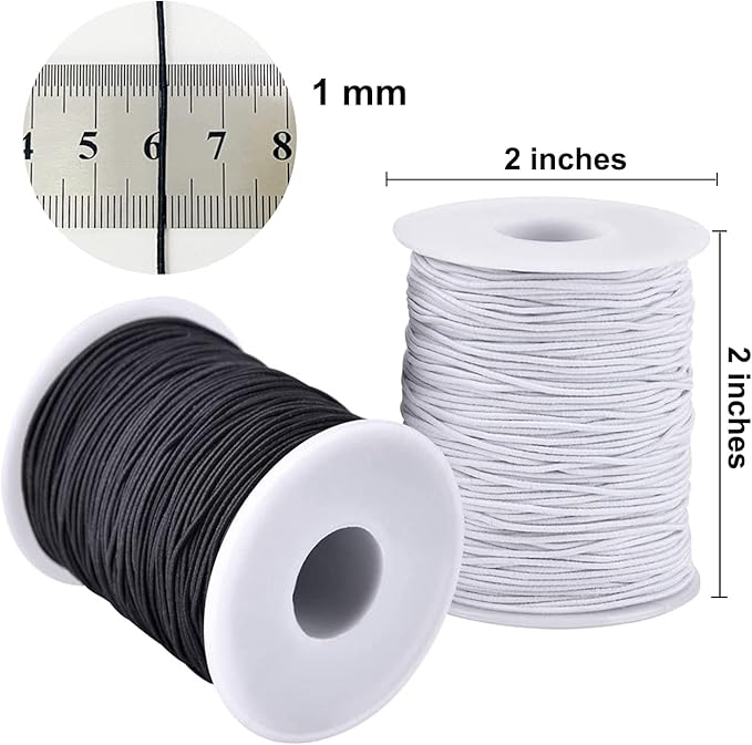 Elastic String for Bracelets, 2 Rolls 1 mm Sturdy Stretchy Elastic Cord for Jewelry Making, Necklaces, Beading Black and White