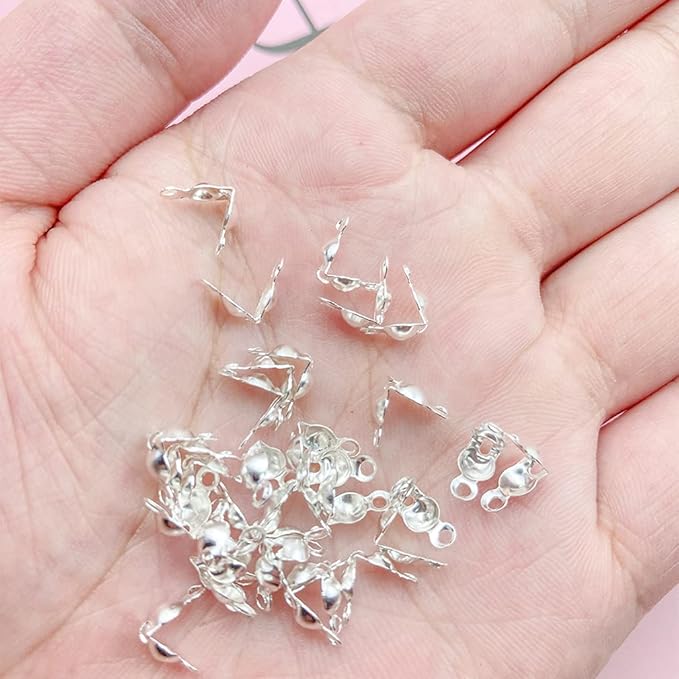 1600Pcs Bead Tips Knot Covers Clamshell Fold-Over Bead Tips Knot Covers Metal Open Bead Tips Knot Covers Iron Clamshells Terminators Wire Crimp End Caps for Jewelry Making Craft DIY (Silver)