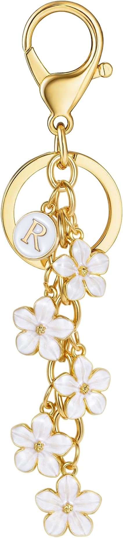 XGALBLA White Pink Black Cute Initial Letter Keychain for Women, Flower Bag Charms Enamel Keyring for Handbag Backpack