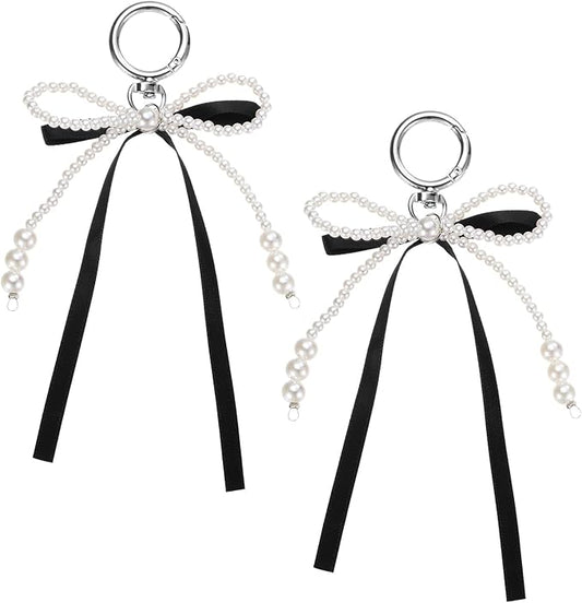 MECCANIXITY Pearl Bow Keychain, Y2k Aesthetic Imitation Pearl Bowknot Ribbon Keyring for Tote Bags Purse Handbag Charm
