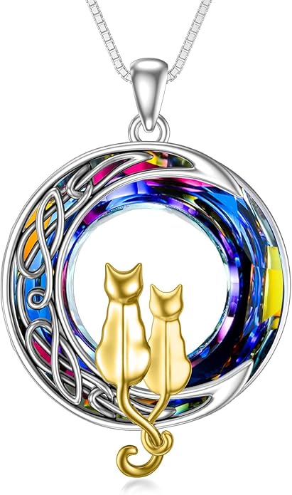 TOUPOP Cat Gifts for Cat Lovers One Two Three Four Cats Necklace Sterling Silver Cats on the Moon Pendant Necklace with Blue Circle Crystal Birthday Christmas Celtic Jewelry Gifts for Women