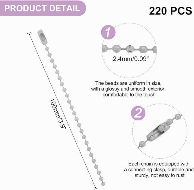 uxcell 220pcs Metal Ball Bead Chain, 100mm Long Bead Connector Clasp Dog Tag Hanging Chain for Key Chains Tags Craft Projects Jewelry Making, Gray