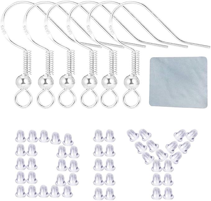 Silver Hypo-allergenic Earring Hooks - 120 Pcs /60 Pairs S925 Sterling Silver Plated Ear Wires Fish Hooks for Jewelry Making, Jewelry Findings Parts with Rubber Earring Backs Stopper for DIY Earrings