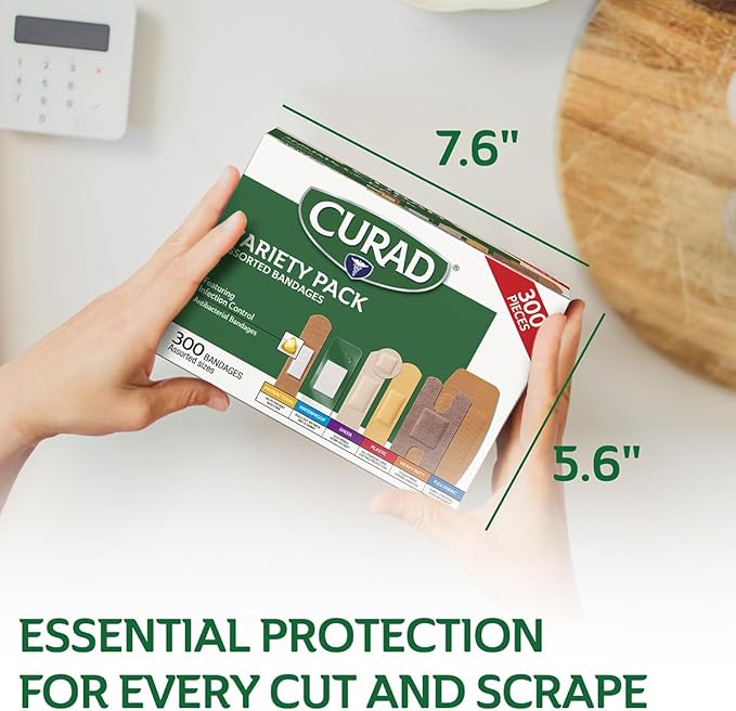 CURAD Assorted Bandages Variety Pack, 300 Count, 6 Styles Including Antibacterial, Waterproof, Sheer, Plastic, Heavy Duty & Flex-Fabric, Protects Scrapes, Cuts & Burns, Latex-Free
