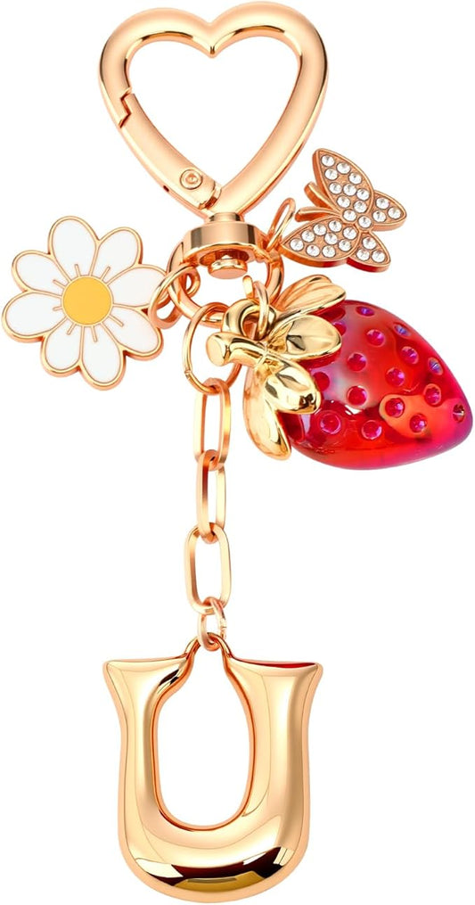 Strawberry Initial Keychain for Women-Cute Kawaii Gold Alphabet Bag Charms, Key chain Gift for Purse Handbag