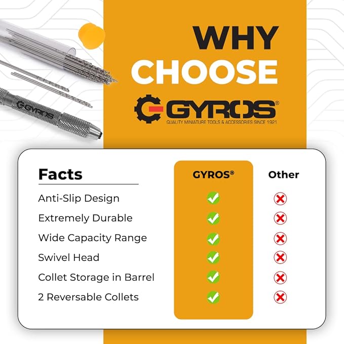 GYROS Swivel Head Pin Vise Hand Drill, 0"(0mm) to 1/8"(3.175mm) w/Anti-Slip Nickel Plated Steel Body & 2 Reversible Collets, Small Hand Drill for Precision Drilling of Jewelry, Plastic, & Wood
