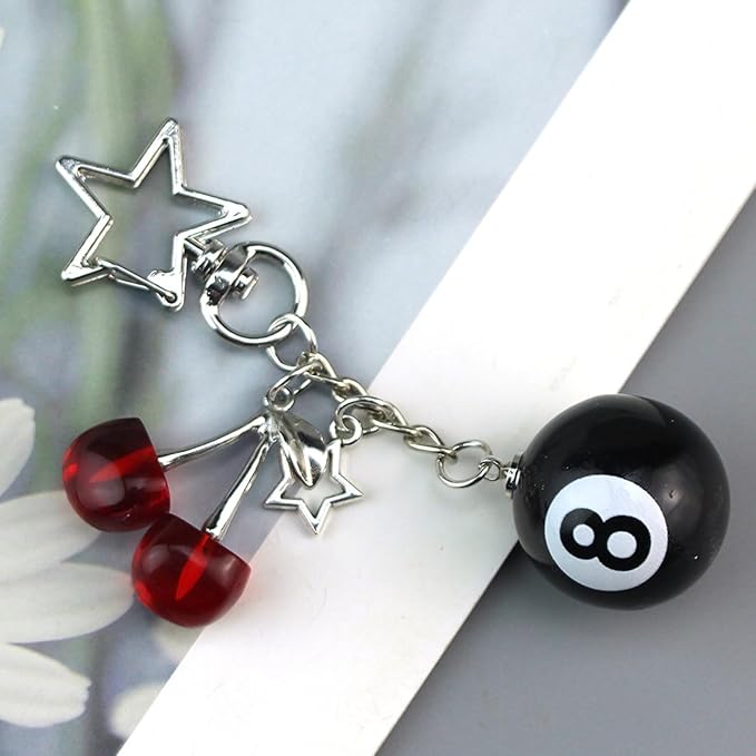 Lucky Dice Cherry Magic 8 Ball Keychain Billiard Ball Star Cherry Bags Charms Cute Y2k Keychain for Women Men