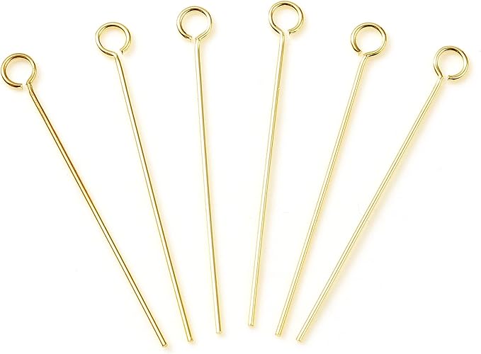 DoreenBeads 14K Gold Filled Eye Pins Open Eye Head Pins Findings 1.1inch for Earring Bracelet Necklace Jewelry Making Findings DIY Craft