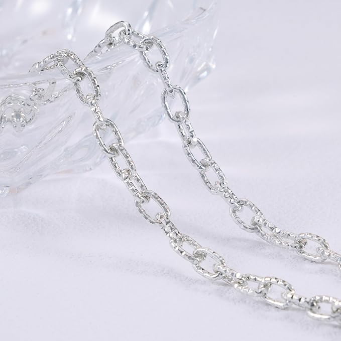 BORUINIE Silver Bulk Chain for Jewelry Making 33 Feet Aluminum Textured Oval Rolo Chains Spool for Crafts Bracelet Necklace Jewelry Making