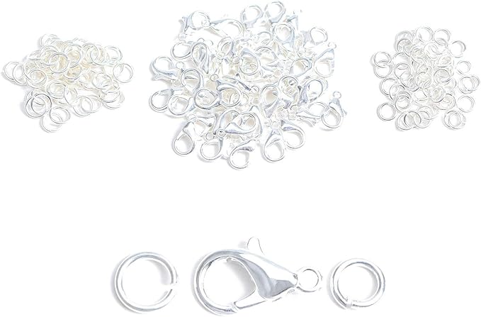 AD Beads 50 Pieces Lobster Claws Clasp 100 Pieces Open Jump Rings Connectors Suitable for Necklace Bracelets Jewelry (8x15mm, Silver)