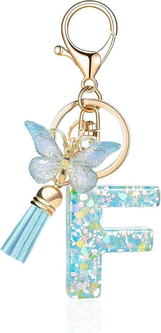Fashion Alphabet Initial Letter Keychain Tassel Butterfly Pendant Key Ring for Purse Handbags Women Girl