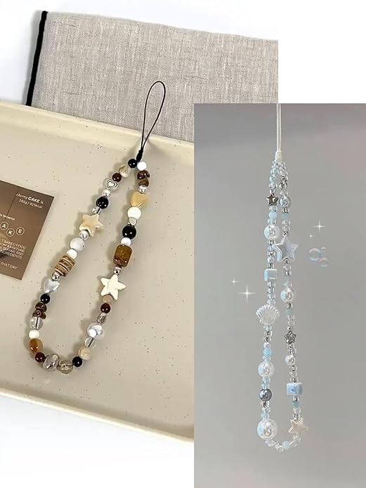 2 Pcs Phone Charm Strap Hand Universal for iPhone Wrist Strap Camera Lanyard Pearl Beaded Cute Chain String Accessories Universal for iPhone 17 Pro Max Samsung Women Girls Phones Bag Keychain