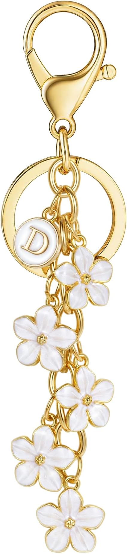 XGALBLA White Pink Black Cute Initial Letter Keychain for Women, Flower Bag Charms Enamel Keyring for Handbag Backpack