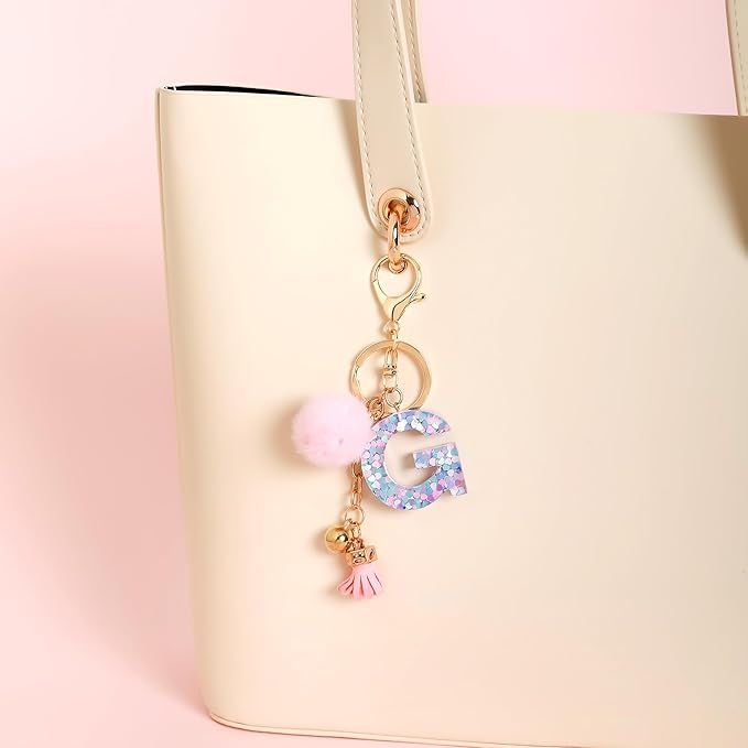 Resin Alphabet Initial Letter Keychain Keyring for Women Purse Handbags With Fur Ball Pom