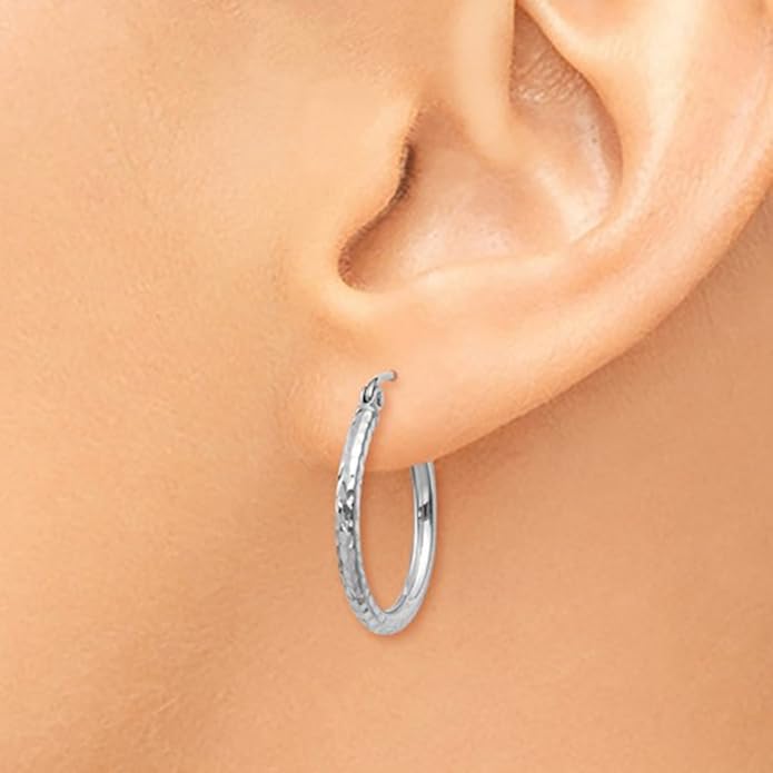 14k White Gold Diamond-Cut Hoop Earrings, (2mm Tube)