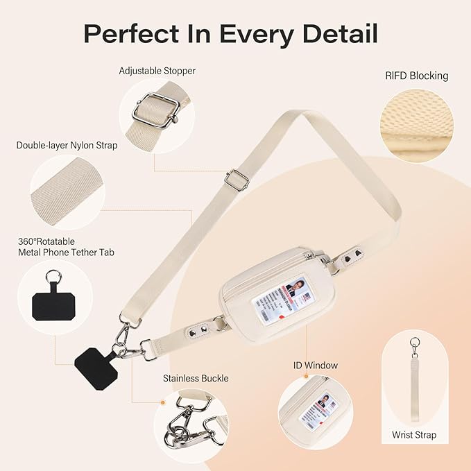 Phone Lanyard Crossbody with Wallet，Detachable Phone Strap Wristlet with ID Window and Zipper，Adjustable Strap for All Phone