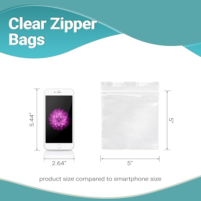 APQ Clear Plastic Reclosable Zipper Bags, 5 x 5 Inches. Pack of 1000 Reclosable Plastic Bags with Zipper Closure. 2 Mil Plastic Jewelry Bags. Waterproof Reclosable Zip Bags for Industrial Use