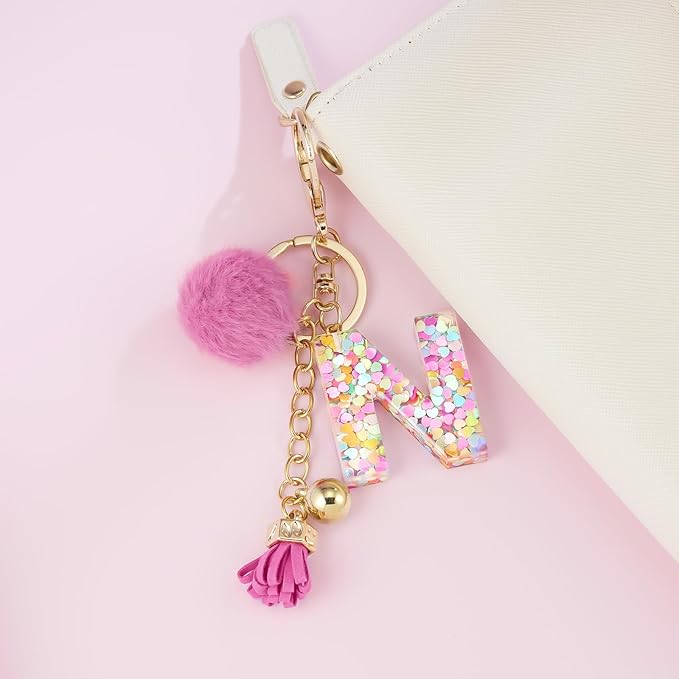 Resin Alphabet Initial Letter Keychain Keyring for Women Purse Handbags With Fur Ball Pom