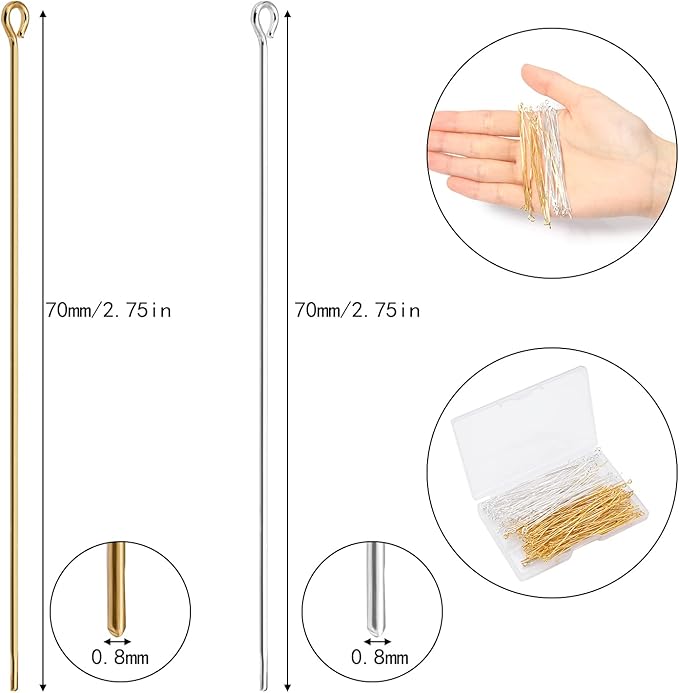 200 Pcs 70mm/2.76 Inch 21 Gauge Eye Pins for Jewelry Making Straight Head Ball Pin for DIY Christmas Styles Craft Earring Bracelet Necklace Pendant Making (Eye Pins,Silver & Gold Color)