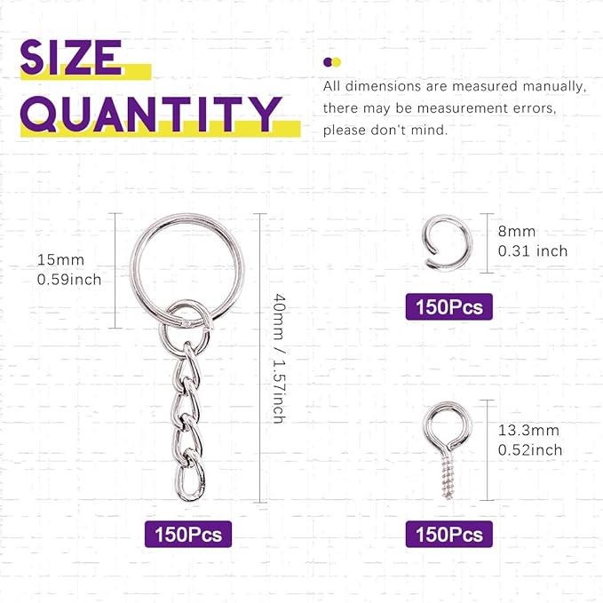 Swpeet 450Pcs 3/5" 15mm Sliver Key Chain Rings Kit, Including 150Pcs Keychain Rings with Chain and 150Pcs Jump Ring with 150Pcs Screw Eye Pins Bulk for Jewelry Findings Making (15mm, Sliver)