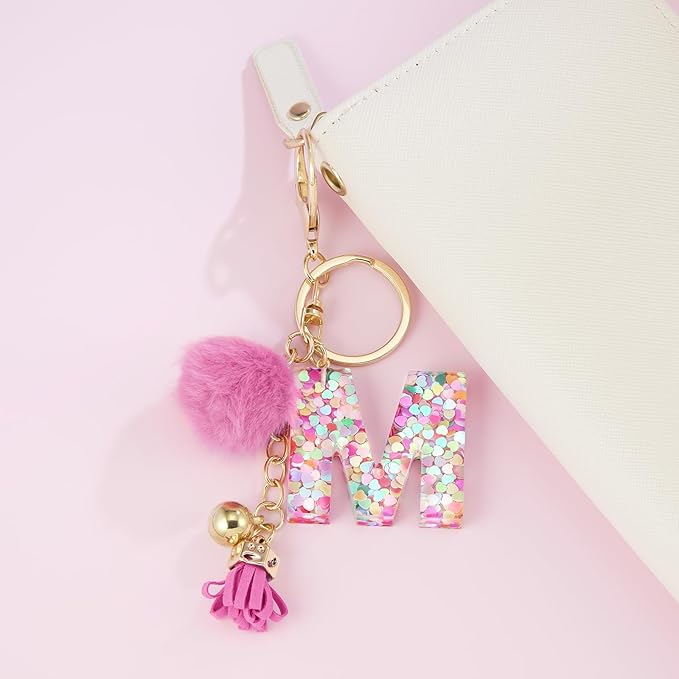 Resin Alphabet Initial Letter Keychain Keyring for Women Purse Handbags With Fur Ball Pom