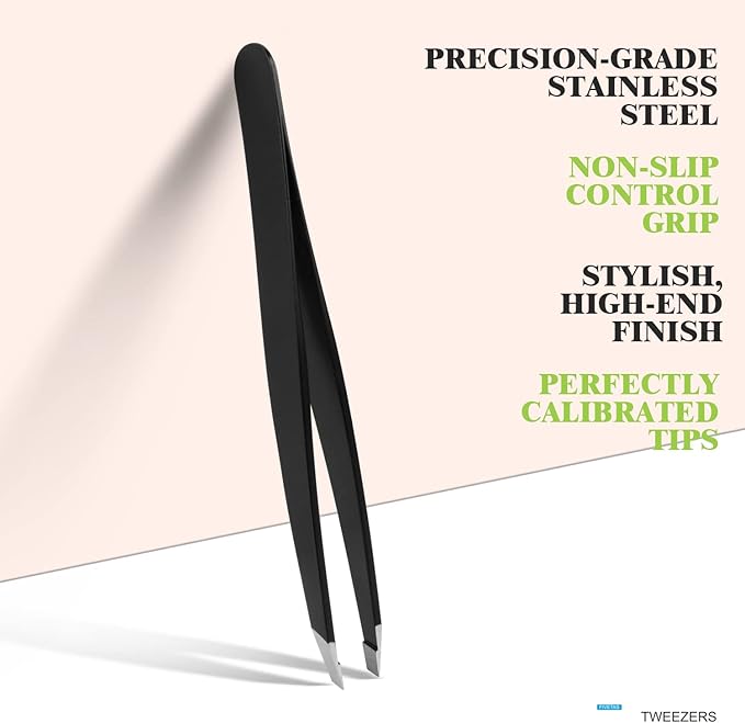 FIVETAS Stainless Steel Tweezers for Eyebrows-Flat Tweezer with Case for Women&Man,Great Precision on Brow,Facial Hair and Ingrown Hair Removal(Black)
